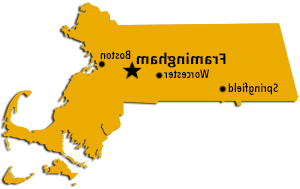 Massachusetts map showing Framingham relative to Boston, Worcester, 和 Springfield